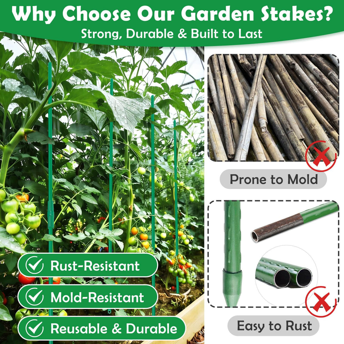 Tetutor 287 PCS Garden Stakes, Fiberglass Tomato Stakes, Garden Sticks with Accessories, 90 Sets DIY 4ft, 5ft, 6ft, 7ft Plant Stakes, Plant Sticks Supports for Indoor Outdoor Plants, Vegetables