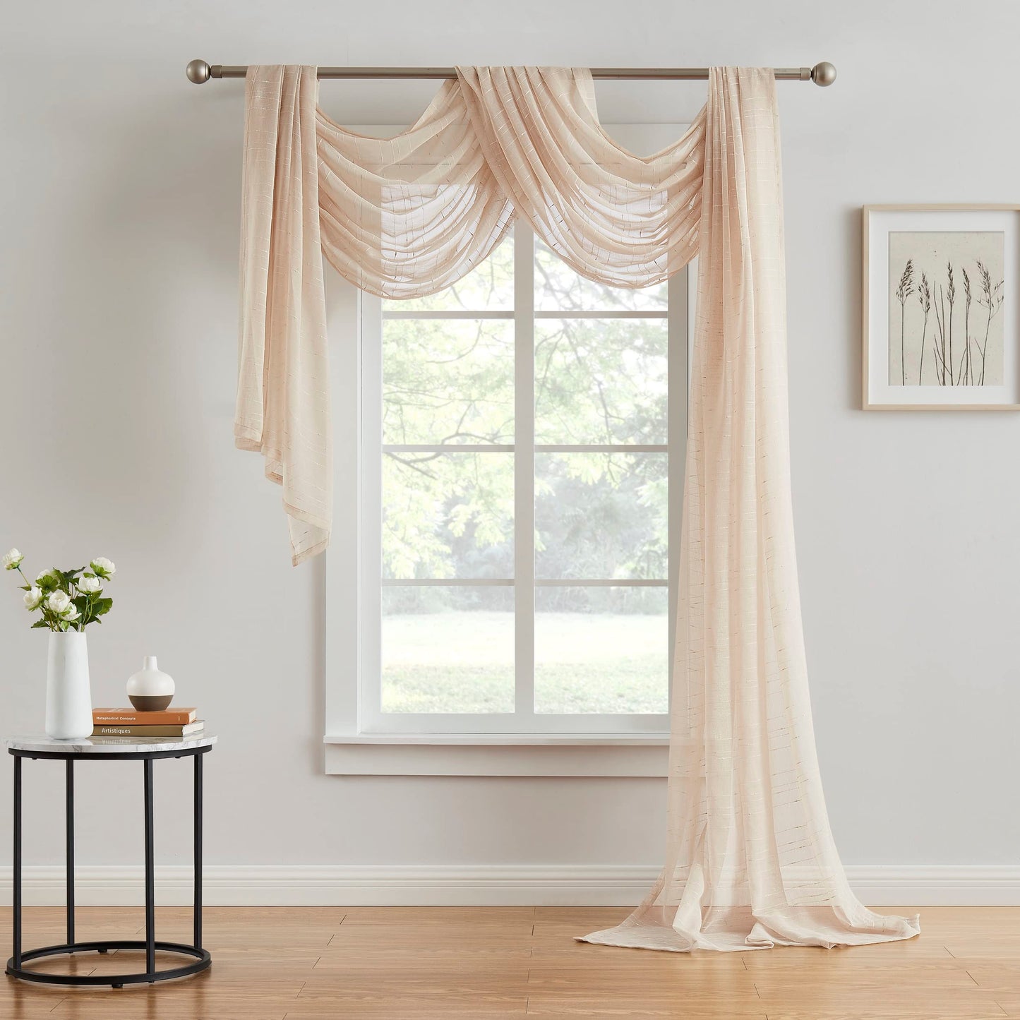 WARM HOME DESIGNS Luxury Linen Window Scarf with Dotted Stripes Pattern. 54 Inch Wide x 216 Inch Long Premium Shabby Chic Window Scarves for Living Room, Kitchen, Bedroom or Dining Room. JN Linen 216"