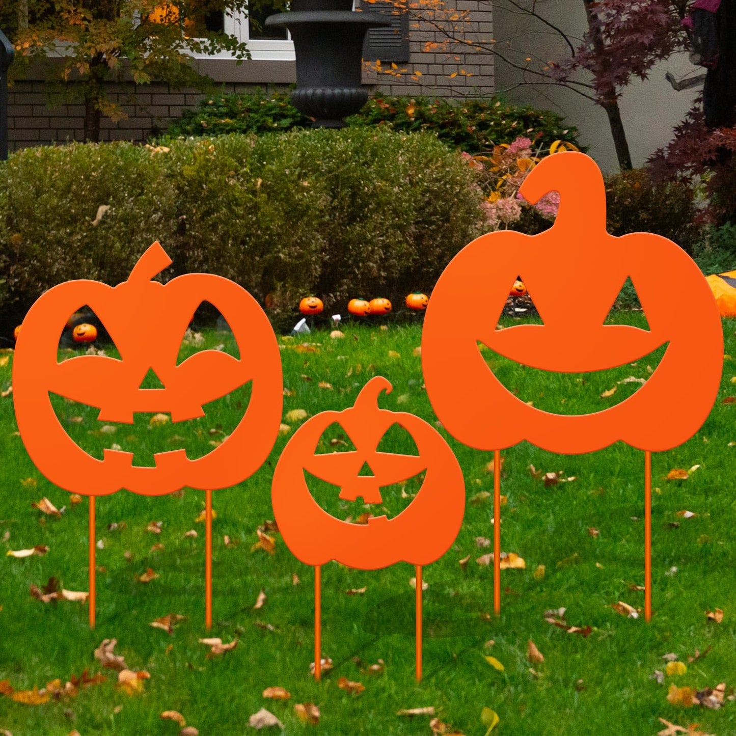 Lingvee 3 Pack Halloween Decorations Outdoor Metal Halloween Garden Stakes Metal Ghost Pumpkins Black Cat Yard Signs Decor for Outside Garden Lawn Porch Patio Party Decorations(Pumpkin Style)