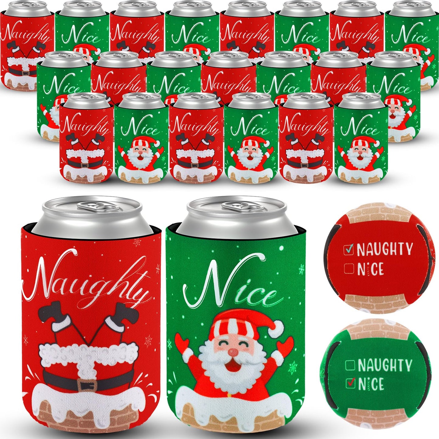 Remerry 24 Pcs Christmas Naughty or Nice Can Cooler Sleeves 12 oz Xmas Neoprene Can Sleeves Santa Pattern Cooler for Beverages Drinking Bottle Christmas Party Favor Decorations