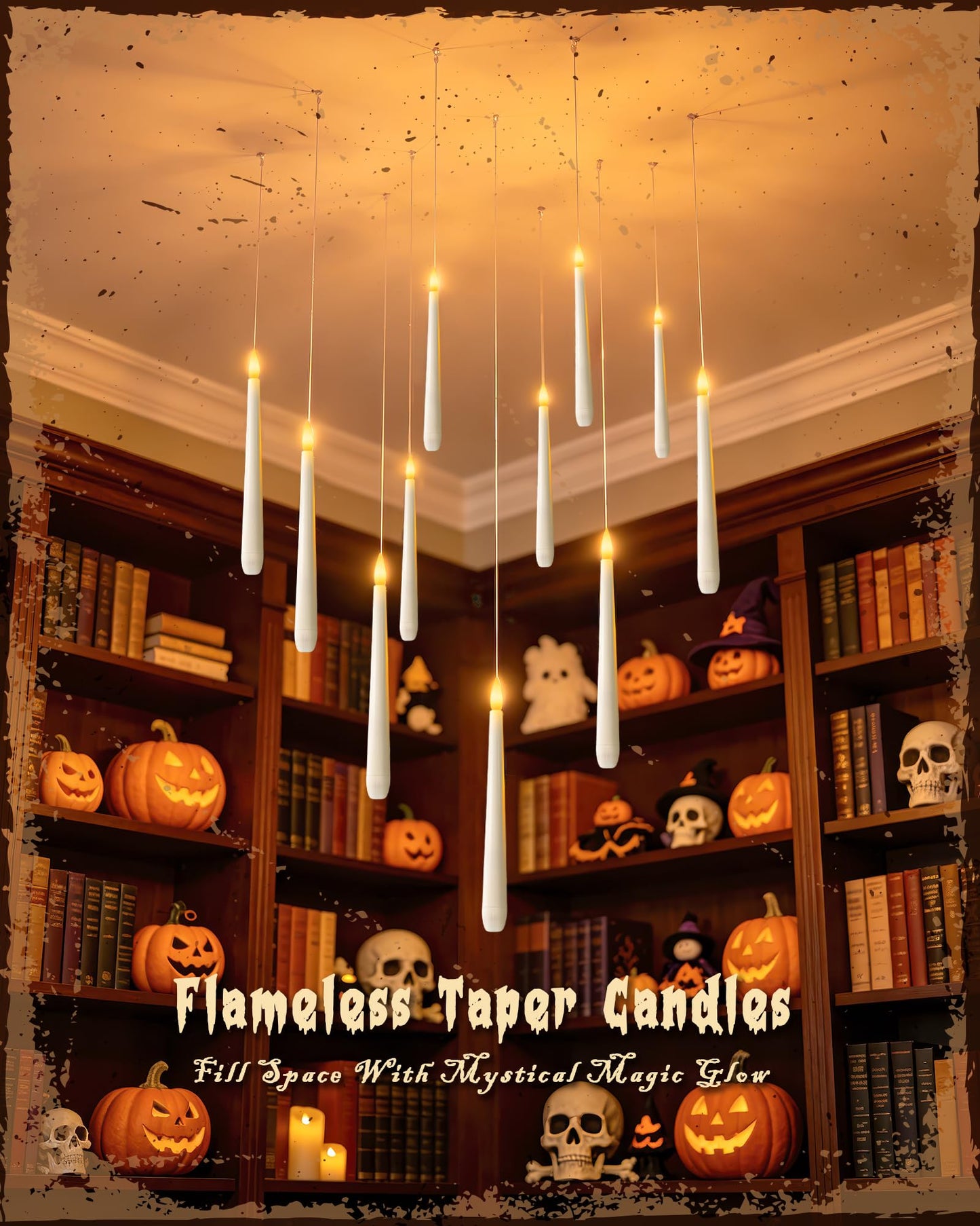 Meigic 10PCS Floating Candles with Wand Remote, Flameless Hanging Taper Candles with Flickering Warm Light, Battery Operated Magic Candles for Halloween Indoor Ceiling Decor, Hallway, Bedroom, Party