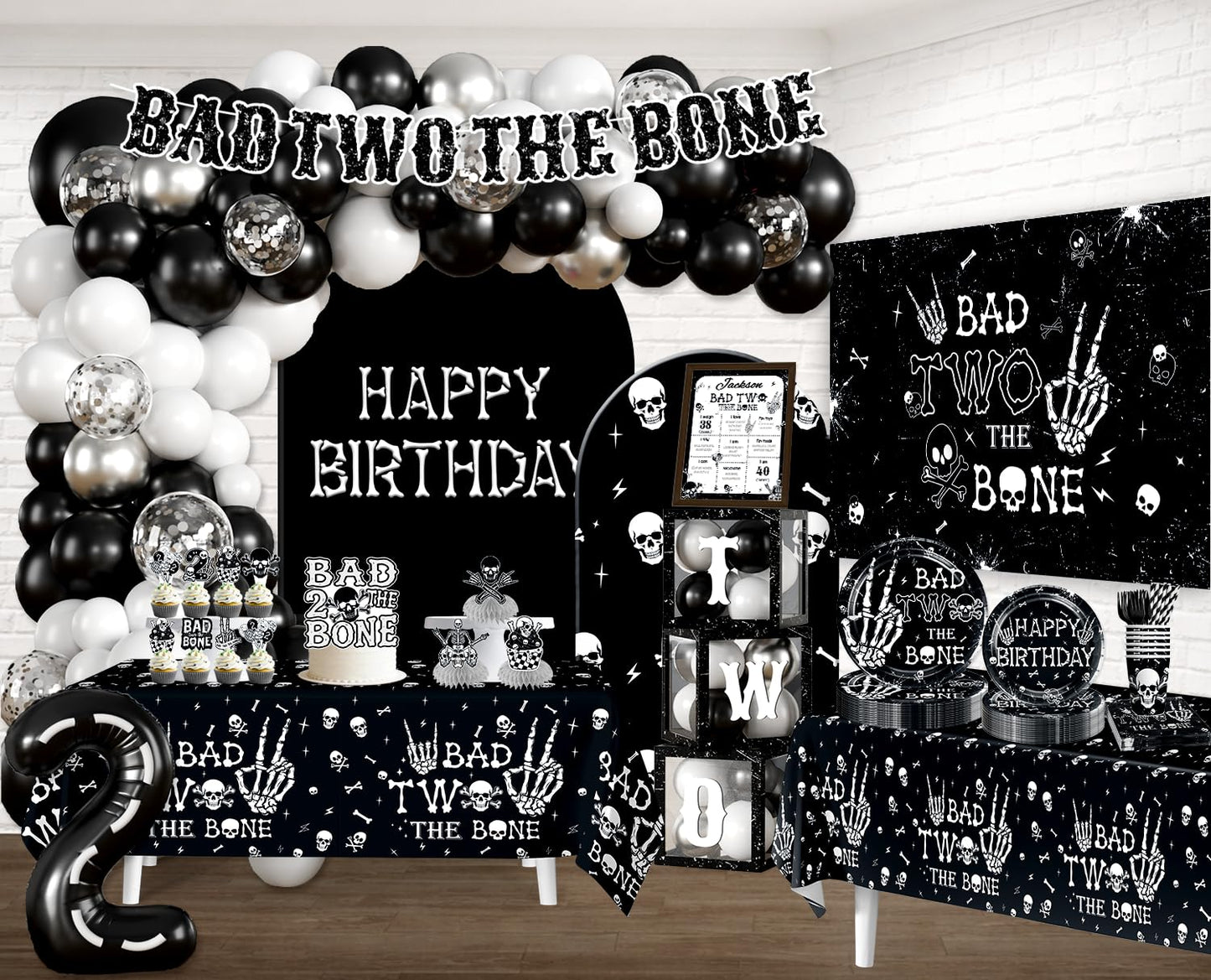 cocomigo Bad Two the Bone Party Decorations Boy for 25 Guests, 292PCS Cute Skeleton-Themed Black White All-in-One 2nd Birthday Decorations, with Balloon Arch Plates Banner Cake Topper & Centerpieces