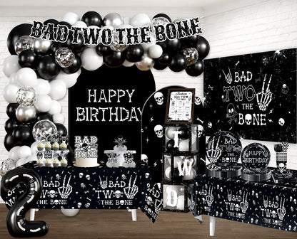 cocomigo Bad Two the Bone Party Decorations Boy for 25 Guests, 292PCS Cute Skeleton-Themed Black White All-in-One 2nd Birthday Decorations, with Balloon Arch Plates Banner Cake Topper & Centerpieces