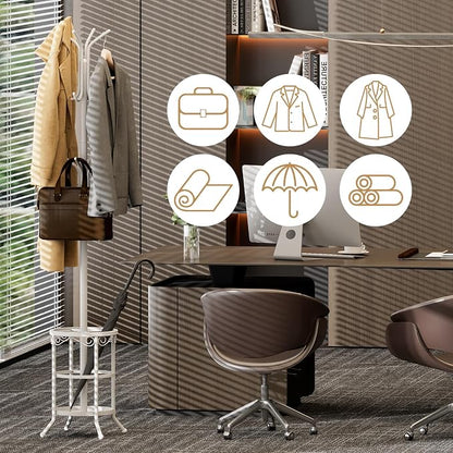 Coat Rack Freestanding with Umbrella Holder – Metal Hanger Stand, Hall Tree with 12 Hooks, Entryway Organizer for Hats, Bags, and Clothes (White)
