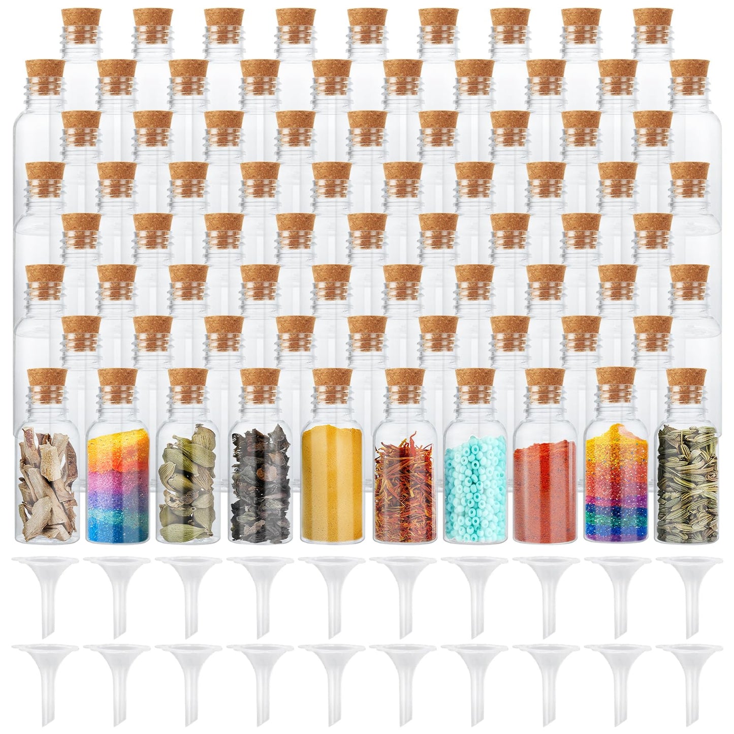YAYODS 100 Pack 30ml Plastic Potion Bottles with Cork, Mini Sand Art Bottles with 20 pcs Mini Funnels, Spell Jars for DIY Craft, Essential Oil, Message, Party Favor