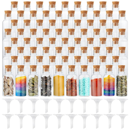 YAYODS 100 Pack 30ml Plastic Potion Bottles with Cork, Mini Sand Art Bottles with 20 pcs Mini Funnels, Spell Jars for DIY Craft, Essential Oil, Message, Party Favor