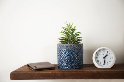MyGift 4 Inch Cobalt Blue Ceramic Indoor Small Planter Vase, Succulent Plant Pot with Embossed Design and Solid Bottom, Set of 2