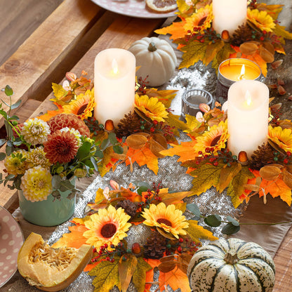 Ceenna 4 Pcs Thanksgiving Fall Candle Rings 3.7 Inch Center Fall Candle Rings Wreath Thanksgiving Autumn Decorative Artificial Maple Leaf Sunflowers Floral Holder Festival Holiday Party Decoration