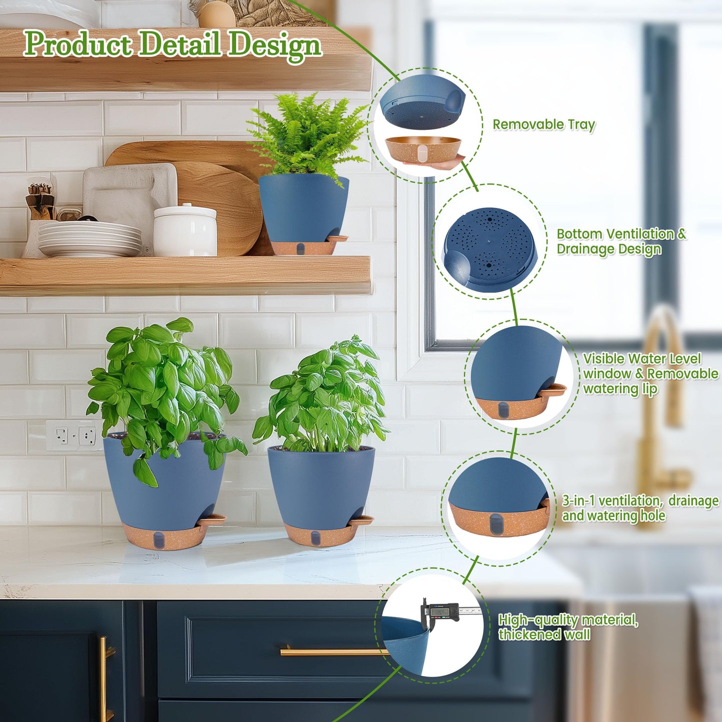 Self Watering Pots for Inoor Ourdoor Plants 8/7/6.5/6/5 Inch Plastic Planters with Drainage Holes & Water Level Indicator, Decorative House Flower Nursery Planting Pots with Saucers (Navy Blue)