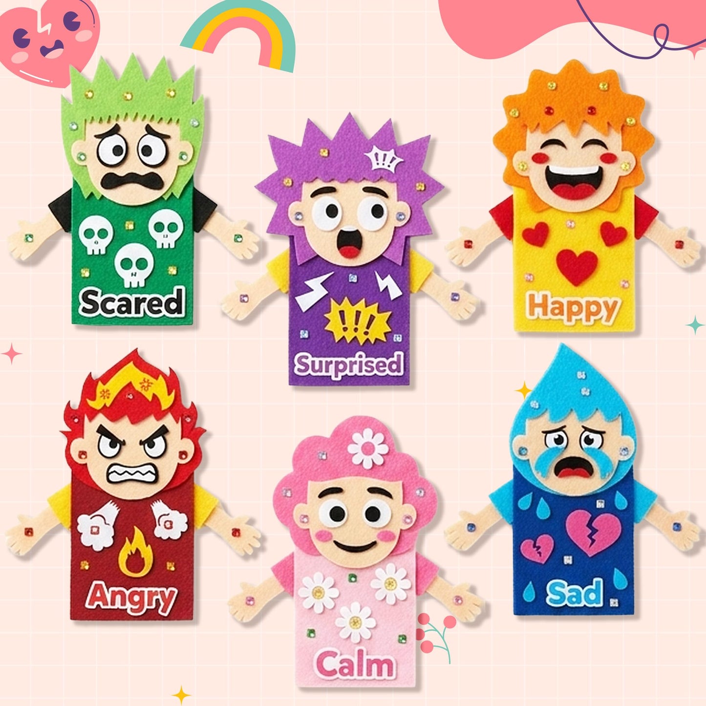 WATINC 6Pcs Hand Puppet Making Kit, Art Craft Felt Sock Puppet Toys, Creative DIY Make Your Own Pompoms Wiggle Googly Eyes Storytelling Role Play Party Supplies Calming Corner Items Kids (Emotion)