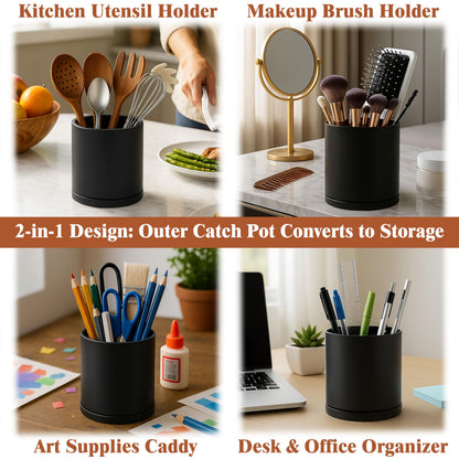 D'vine Dev Double-Layer Self-Draining Planter Set – Rotating Plastic Outer Pot with Clear Inner Liner for Root Health, Perfect for Indoor Plants, 6.5", Set of 2, Black, 73-V-B-2