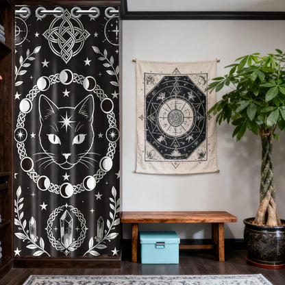 CONCHLERY Divination Style Door Curtain for Doorway Cats Doorway Curtain Stars Room Divider Curtains with Plastic Rings Folding Doors Curtains for Closet Bedroom Living Room Doorway, 39x79 Inch