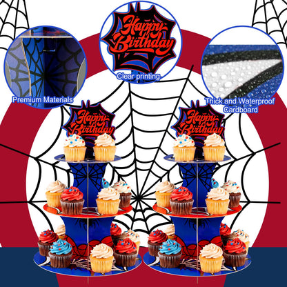 Acellegic 2 Pack Spider Cupcake Stand 3 Tier Spider Web Birthday Party Decorations Cupcake Stand Toppers Display Dessert Holder for Birthday Party Supplies