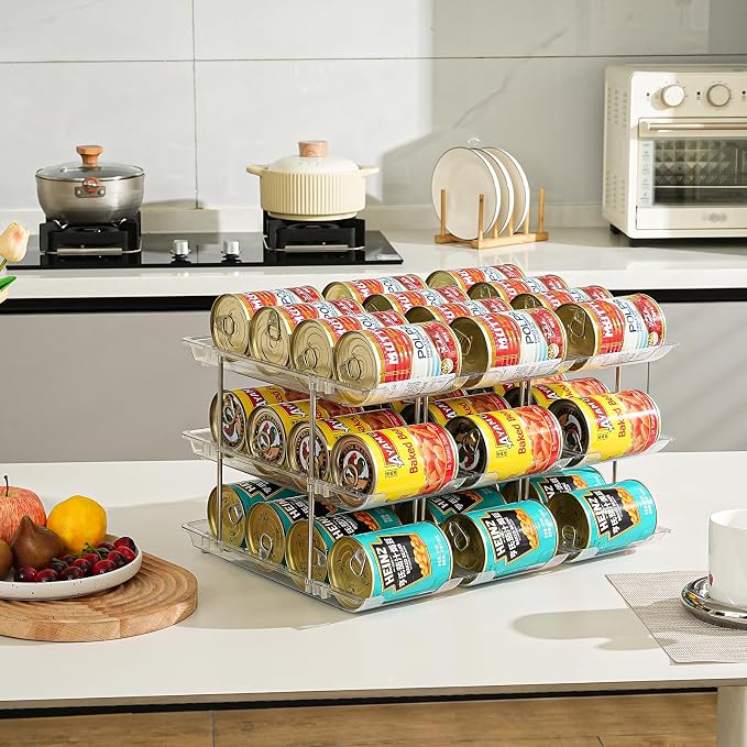 Amllas Can Organizer for Pantry, Stacking Can Storage Organizer Pantry, Automatic Rolling Can Rack for Fridge, 2Tire 3 Columns Can Holder for 24 Cans, Canned Goods Organizer