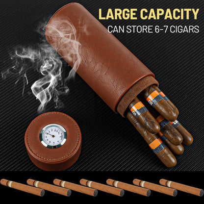 Premium Brown Cylindrical Cigar Humidor with Hygrometer and Cedar Wood Lining, Sealed Portable Leather Cigar Humidifier for Travel Cigar Case and Home Use Father's Day, boyfriends，Christmas