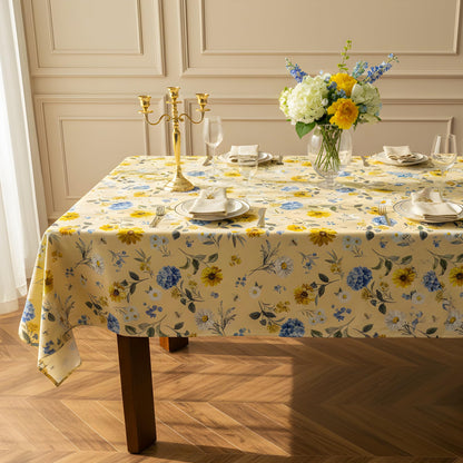 LOSIVISHE Spring Floral Tablecloth Waterproof Yellow Table Cover with Sunflowers, Hydrangeas & Daisies – Waterproof Fabric Table Cloth for Dining Room, Kitchen, Party & Outdoor Decor, W60 x L102 in