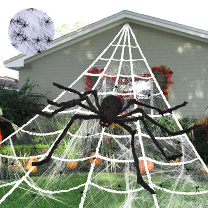AYSOW 275" Halloween Triangle Spider Web and 59" Giant Spider Decorations Set with Stretch Cobweb - Halloween Party Supplies for Indoor Home Yard Patio Garden Haunted House Decor