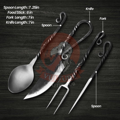 Medieval Silverware Set with Leather Cover - Hand Forged Medieval Cutlery Set - Viking Camping Utensils, Medieval Decor,Gifts - 4 Pcs Viking Utensils Set Fork Spoon and Knife Set (Half Black) (Silver Black)