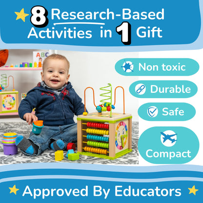 Wooden Kids Baby Activity Cube - Boys Gift Set | One 1, 2 Year Old Boy Gifts Toys | Developmental Toddler Educational Learning Boy Toys 12-18 Months | Bead Maze, First Birthday Gift