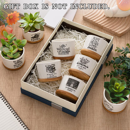 Havawish 12 Pcs Book Lover Gifts Succulent Pots Ceramic Bookworm Planter Pot with Bamboo Tray Bookish Succulent Planter Thank You Gift for Women Teachers Employee, Bookshelf Decor