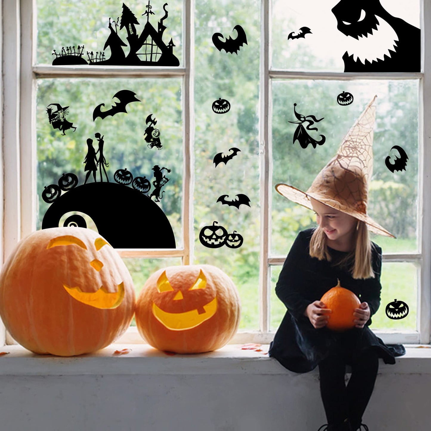 Feuid Gniea 7Pcs Jack and Sally Window Clings Sticker Pumpkin Halloween Jack and Sally Christmas Cartoon Skull Electrostatic Stickers for Christmas Party Decoration Window Glass Mirror Decor Decals