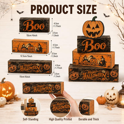 4 Pcs Halloween Decorations Scary Pumpkin Wooden Signs Farmhouse Rustic Tiered Tray Decor Boo Happy Halloween Tabletop Centerpiece for Home Kitchen Shelf Mantel