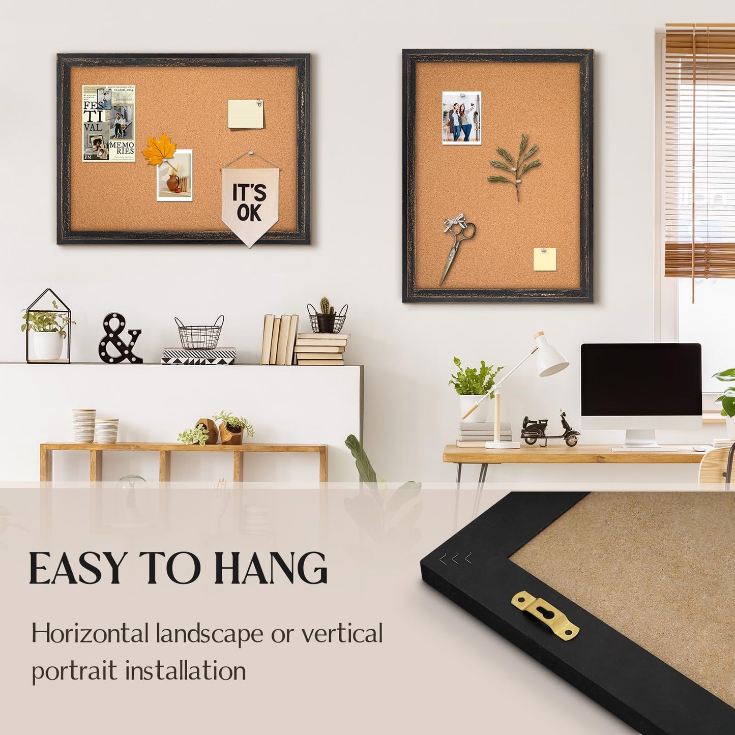 QUEENLINK Cork Bulletin Board 36" x 24", Wall Mounted Cork Board with Black Rustic Wooden Frame, Decorative Pin Board for Office, Home & Classroom Decor, White