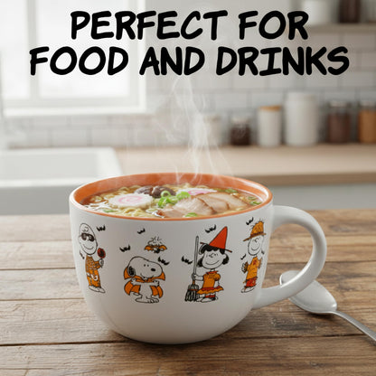 Silver Buffalo Peanuts Halloween Featuring Snoopy (Vampire), Woodstock (Vampire), Charlie Brown (Skeleton), Lucy (Witch), and Linus (Scarecrow) Ceramic Soup Mug, 24 Ounces