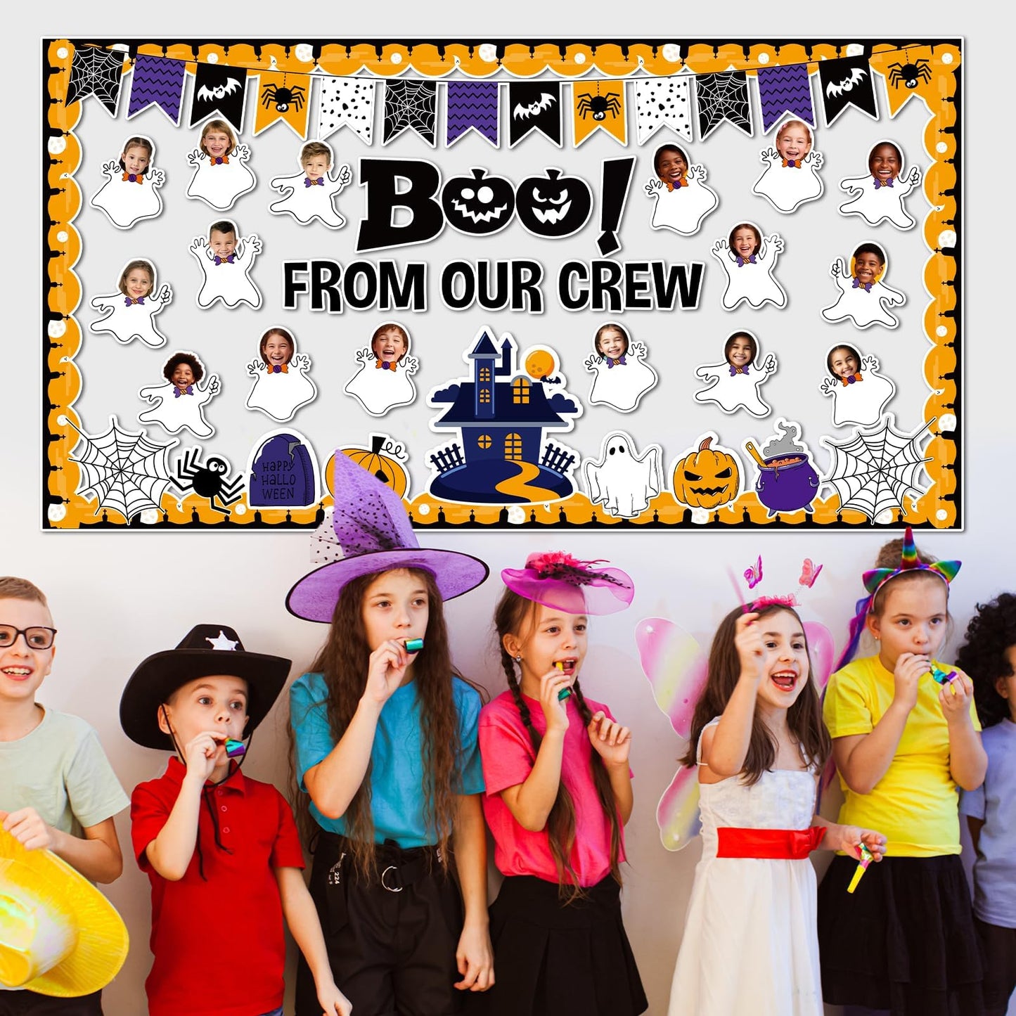 Halloween Ghost Bulletin Board Set Classroom Decorations Pumpkin Castle Paper Cutouts BOO Ghost Pattern Spider Web DIY Photos Bulletin Board Halloween Party Back to School Nursery Classroom Wall Decor