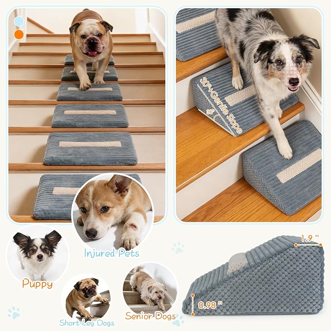 Foam Dog Ramp for Stairs, Low-Impact Climbing Dog Stairs for Senior Dogs | 5.1"H, 2 Pack, 40D High-Density Foam Won't Collapse, Protects Joints, Anti-Slip & Self-Sticky Pads, Washable Cover, Grey