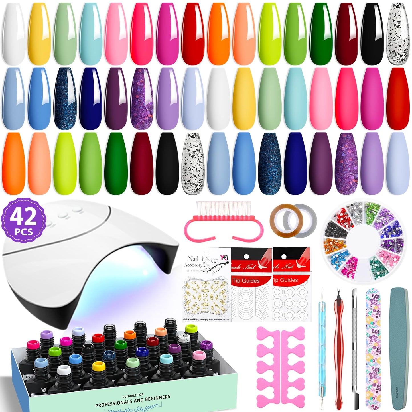 VANREESA 42 Pcs Gel Nail Polish Kit with U V Light 24 Popular Colors Gel Polish Nail Kit Green Blue Purple Pink Orange Complete Nail Kit with Manicure Tools Gifts for Women Girls
