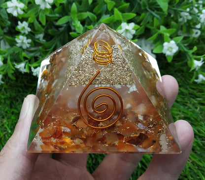 Amazing Gemstone Large Orgone Pyramid | Glow in Dark Carnelian Pyramid Crystal | Orgonite Pyramid | Organ Pyramids Positive Energy Healing