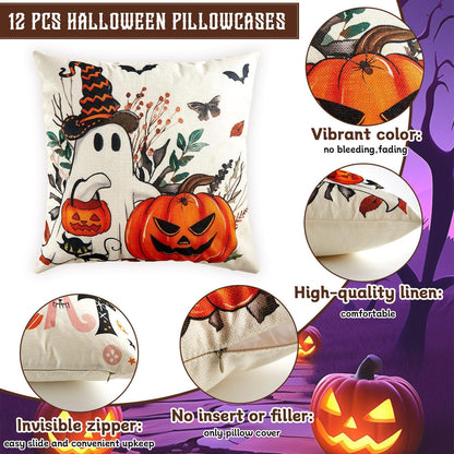 gisgfim 12Pcs Halloween Pillow Covers 18 x 18 inch Boo Ghost Pillow Covers Happy Halloween Cushion Cases Decorations Cushion Case Decorations for Home Bed Sofa Couch Farmhouse Holiday Decor