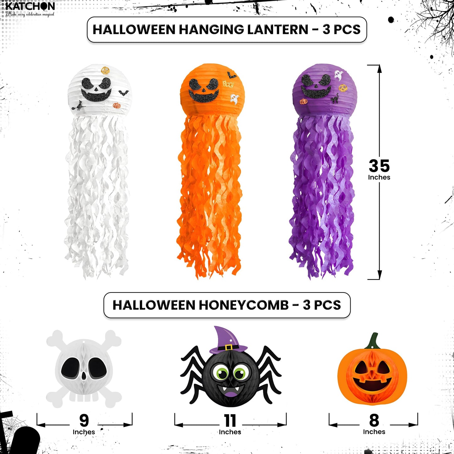 KatchOn, Halloween Banner & Fringe Set-Pack of 23 | Paper Fan Glittery Happy Halloween Garlands, Ghost Hanging Swirls with Paper Lanterns & Honeycomb Set | Perfect for halloween Party.