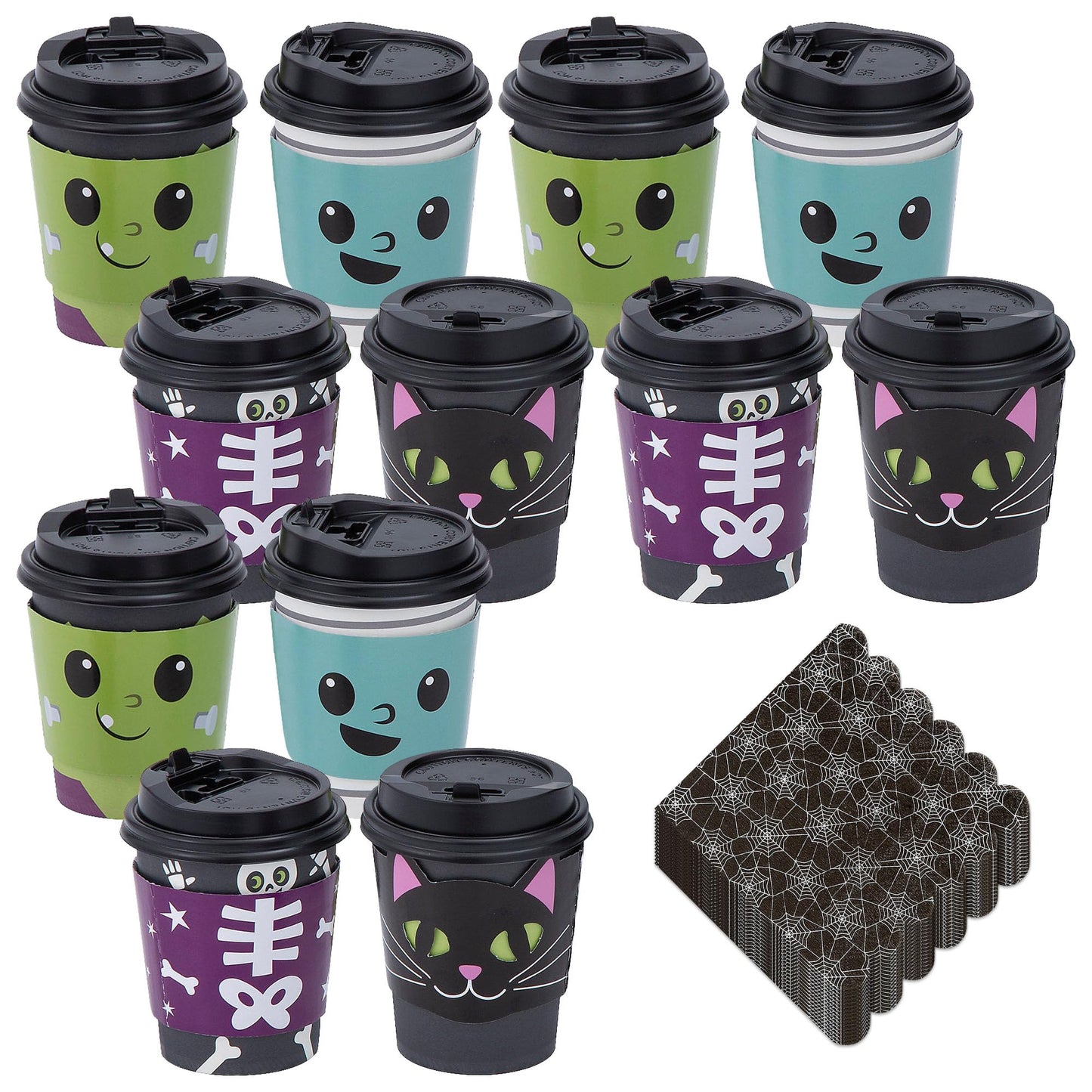 HOME & HOOPLA Halloween Party Cute Monster Disposable Hot Chocolate & Cider Cups With Lids and Scalloped Spider Web Beverage Napkins, 9 Ounce Size (Serves 12)