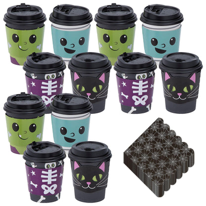 HOME & HOOPLA Halloween Party Cute Monster Disposable Hot Chocolate & Cider Cups With Lids and Scalloped Spider Web Beverage Napkins, 9 Ounce Size (Serves 12)