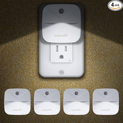 LuxLumin LED Night Lights Plug into Wall with Smart Dusk-to-Dawn Sensor, Automatically Turn on and Off,Night Light for Kids,Bedroom,Bathroom,Stairs,White, 4 Packs