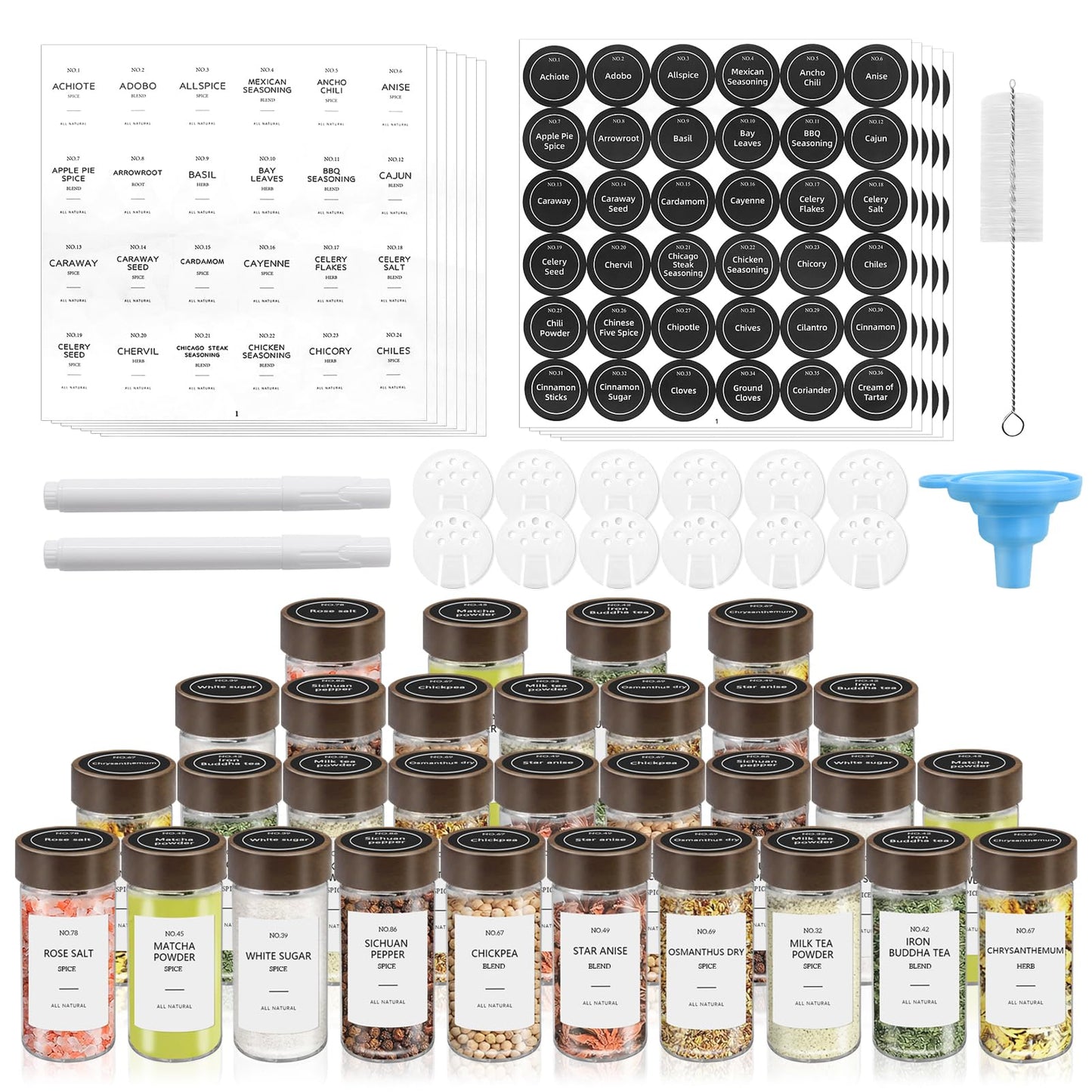 VIBRATITE 30 Pack Spice Jars with Acacia Lids, 4 oz Round Glass Jars Spice Containers Set with Labels, Pen, Funnel, Seasoning Storage Bottles with Shaker Lids for Rack, Cabinet, Drawer