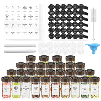 VIBRATITE 30 Pack Spice Jars with Acacia Lids, 4 oz Round Glass Jars Spice Containers Set with Labels, Pen, Funnel, Seasoning Storage Bottles with Shaker Lids for Rack, Cabinet, Drawer