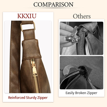 KKXIU Slouchy Hobo Bags for Women - Ultra Soft Foldable Shoulder Handbag Vegan Leather Tote Purse with Reinforced Zipper (Apricot)