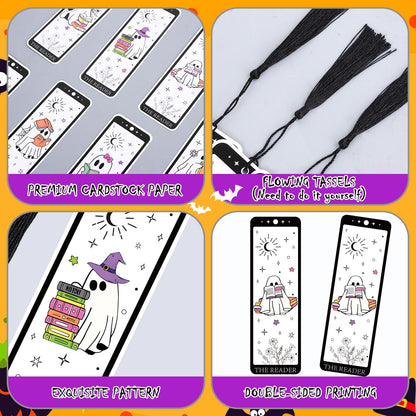 Whaline 60 Pcs Halloween Ghost Bookmark Cute Cartoon Reading Ghost Book Page Markers with Tassels for Book Lovers Student Teacher Home Classroom Supplies, Double-Sided