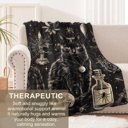 Goth Skull Blanket for Boys Kids Men Women, Flannel Skeleton Blankets Gifts, Halloween Black Cat Throw Blanket for Sofa Couch Bed Living Room Soft Warm Cozy Gothic Decor 60" x 50"