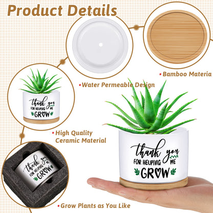 Newtay 2 Pcs End of Year Teacher Gifts Thank You for Helping Me Grow Pots Ceramic Succulent Pots White Flower Planter Pot Teachers Appreciation Gifts for Graduation Back to School