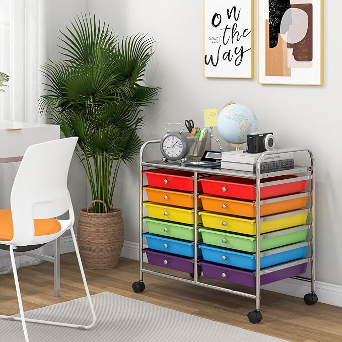 Giantex 12 Drawers Rolling Cart, Mobile Storage Drawer Cart, Classroom Organizer Cart for Office School Supplies Tools Scrapbook Paper Craft Small Printer, Utility Cart on Wheels, Multicolor