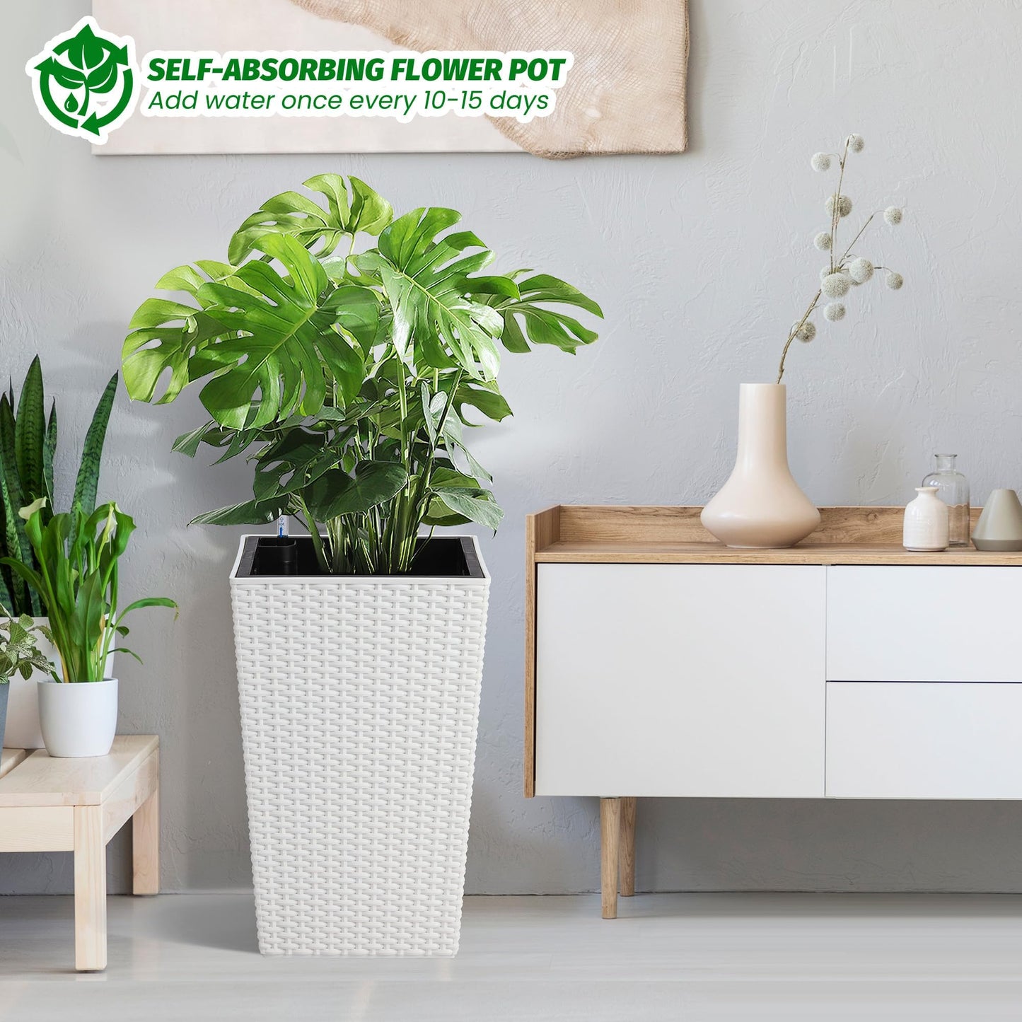 MilleLoom Set of 2 Tall 16-Inch Self-Watering Rattan Planters for Indoor & Outdoor – Large White Flower Pots with Drainage, Water Level Indicator & Trays, Modern Patio and Home Décor