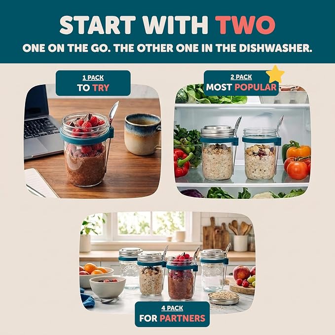 Overnight Oats Jars with Lids and Spoon - Glass Chia Pudding Containers - 16 oz Leakproof Mason Jar for Oatmeal - Wide Mouth To Go Meal Prep Cup with Measurement Markings - 2 Pack