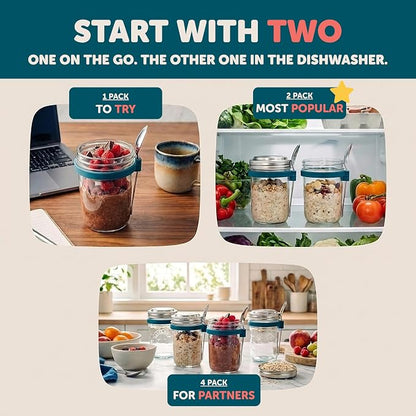 Overnight Oats Jars with Lids and Spoon - Glass Chia Pudding Containers - 16 oz Leakproof Mason Jar for Oatmeal - Wide Mouth To Go Meal Prep Cup with Measurement Markings - 2 Pack