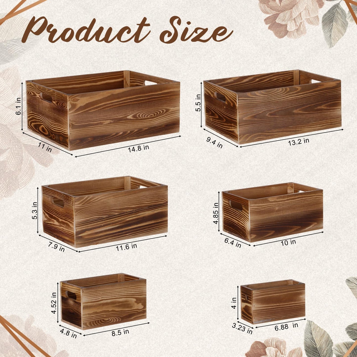 AceOrbit Set of 6 Wood Crates with Handles, Rustic Decorative Storage Boxes Distressed Wooden Nesting Display Baskets for Farmhouse, Wedding, Party Storage Display Supplies(Light Brown)