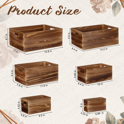 AceOrbit Set of 6 Wood Crates with Handles, Rustic Decorative Storage Boxes Distressed Wooden Nesting Display Baskets for Farmhouse, Wedding, Party Storage Display Supplies(Light Brown)
