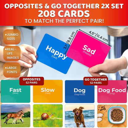QUOKKA 208 Vocabulary Flash Cards Set - Go Together and Opposites Matching Card Game with Realistic Images for Pre-K and Kindergarten - Perfect for Teachers, Parents, and Speech Development Activities